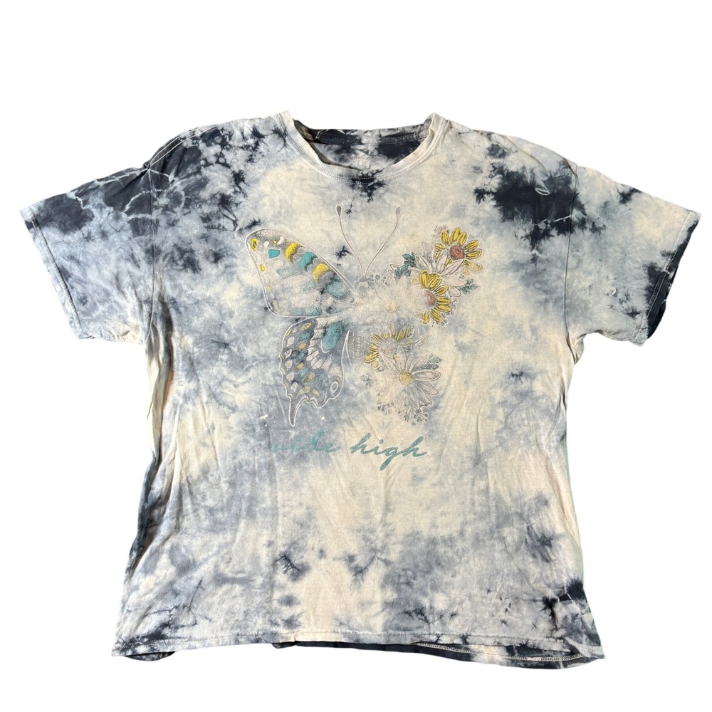 Republica Womens 1X Faded Tie‎ Dye Butterfly Graphic Tee Blue Vibe High Boho